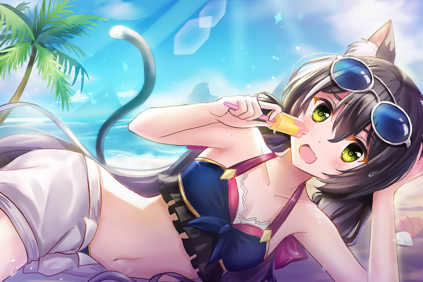 1girl, animal_ear_fluff, animal_ears, bikini, black_hair, blue_sky, breasts, cat_ears