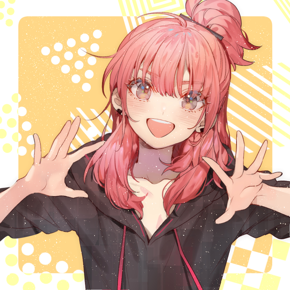 1girl, :d, ahoge, bangs, black_earrings, black_hoodie, blush, character_request