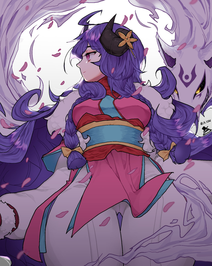1girl, ahoge, alternate_costume, alternate_eye_color, alternate_hair_color, alternate_hairstyle, animal_ears, cherry_blossoms, curled_horns, eyebrows_visible_through_hair, fingerless_gloves, flower, from_side, fur, gloves, hair_flower, hair_ornament, highres, horns, japanese_clothes, kindred, lamb_(league_of_legends), league_of_legends, long_hair, long_sleeves, looking_to_the_side, partly_fingerless_gloves, petals, pink_eyes, purple_hair, ribbon, smile, spirit_blossom_kindred, standing, twintails, white_fur, wolf, wolf_(league_of_legends)