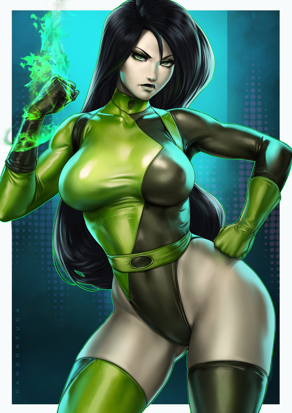 black_hair, breasts, dandon_fuga, fire, green_eyes, green_fire, highres, kim_possible, long_hair, looking_at_viewer, medium_breasts, serious, shego, standing, tightrope