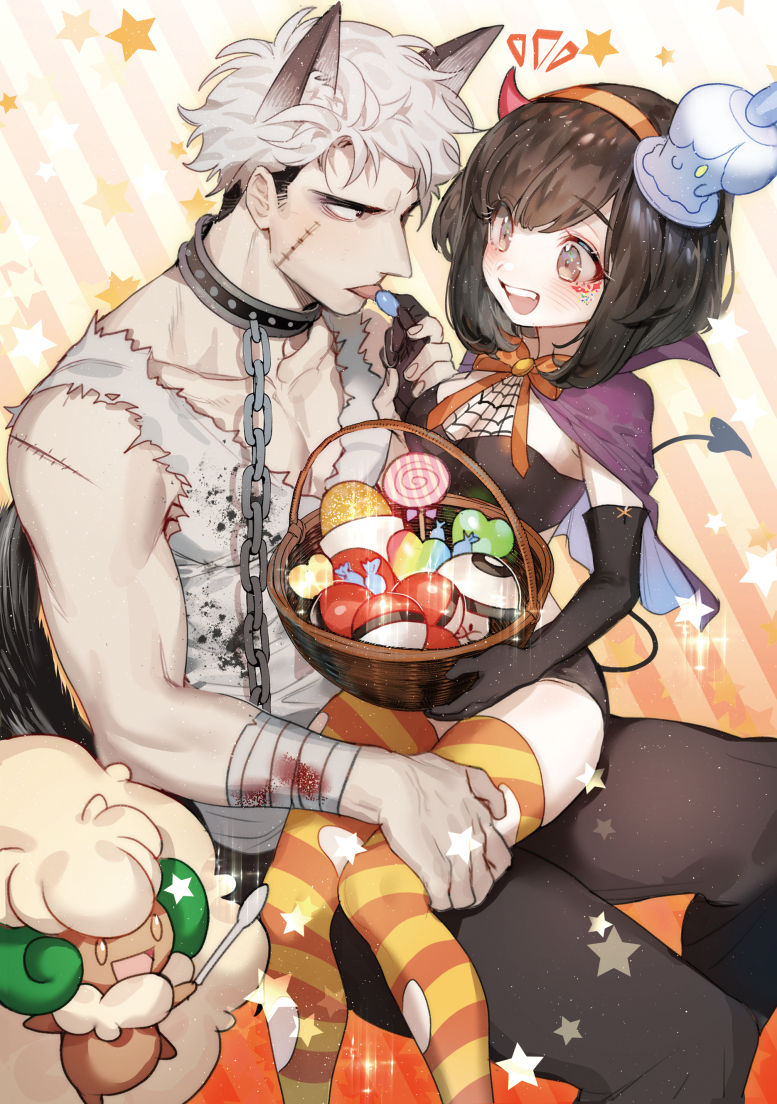1boy, 1girl, alternate_costume, bangs, basket, black_hair, capelet, commentary_request