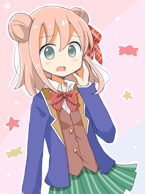 1girl, :o, alternate_hairstyle, blazer, blue_jacket, blush, bow, brown_vest, collared_shirt, commentary_request, cosplay, dot_nose, double_bun, eyebrows_visible_through_hair, green_eyes, green_skirt, hair_between_eyes, hair_ribbon, hand_on_own_face, happy_sugar_life, jacket, matsuzaka_satou, matsuzaka_satou_(cosplay), medium_hair, nemoto_hina, nmemoton, open_clothes, open_jacket, open_mouth, outline, pink_background, pink_hair, plaid, plaid_ribbon, pleated_skirt, red_bow, red_ribbon, ribbon, school_uniform, shirt, skirt, solo, standing, star_(symbol), striped, striped_bow, vest, watashi_ga_motenai_no_wa_dou_kangaetemo_omaera_ga_warui!, white_outline, white_shirt