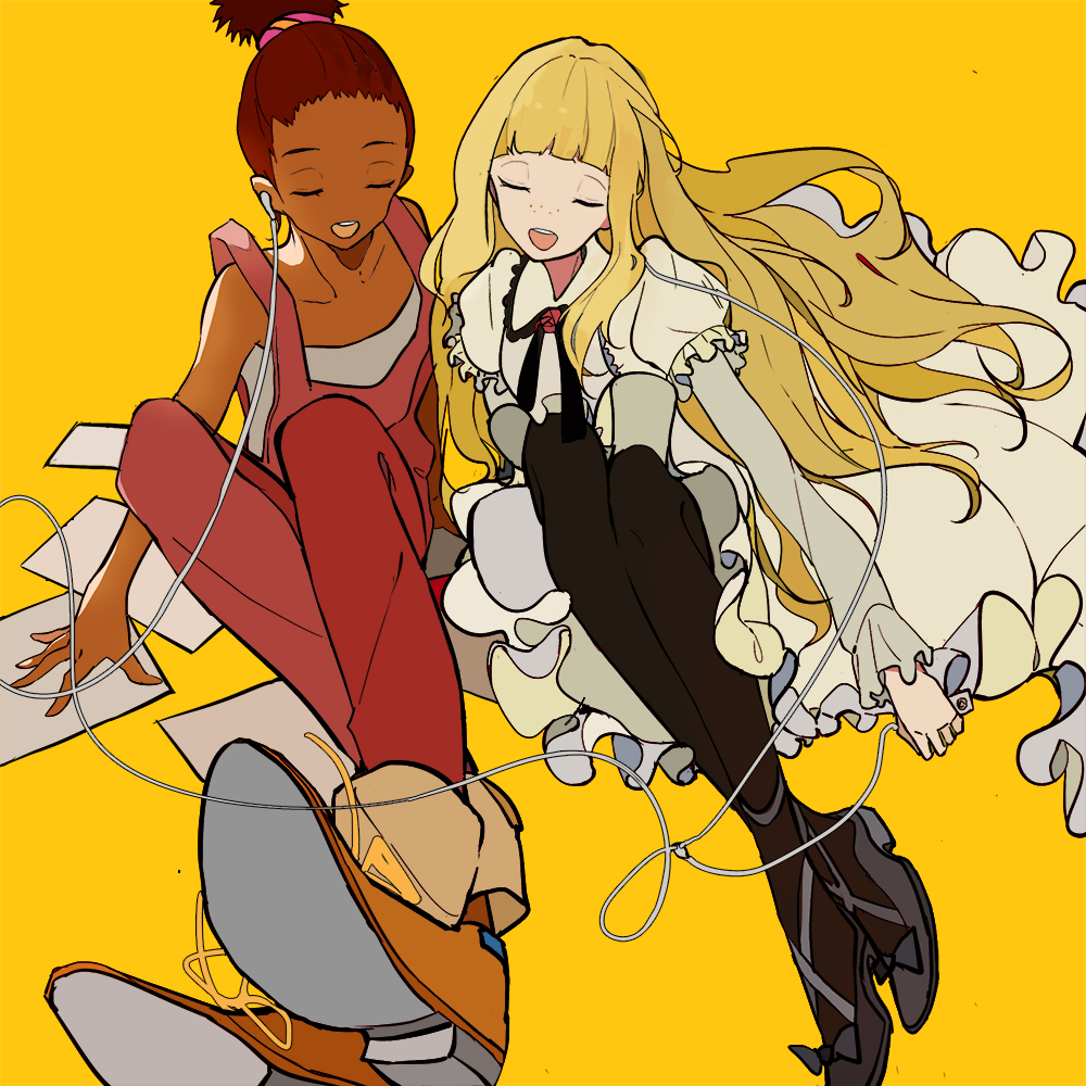 2girls, arm_support, arms_at_sides, bangs, bare_arms, bare_shoulders, beige_dress, black_legwear