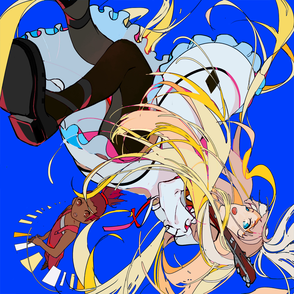 2girls, :d, :o, ankle_strap, bangs, bare_arms, bare_shoulders, black_footwear