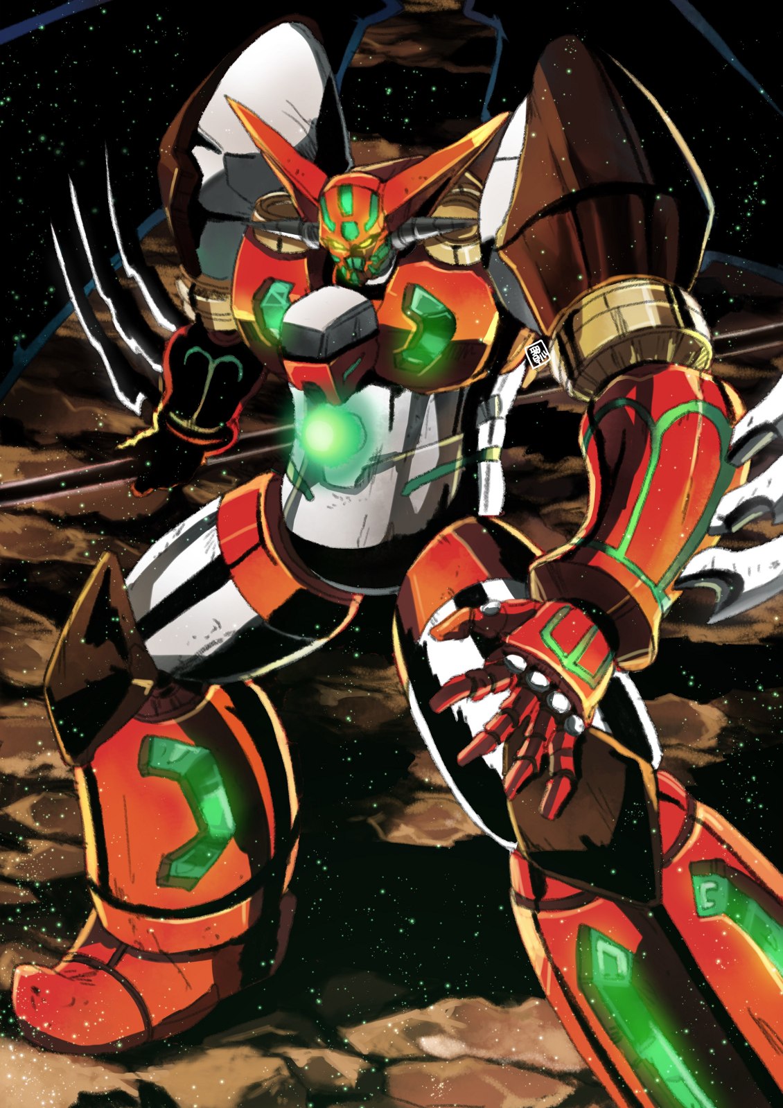 drill, garimpeiro, getter_rays, getter_robo, glowing, glowing_eyes, highres, holding