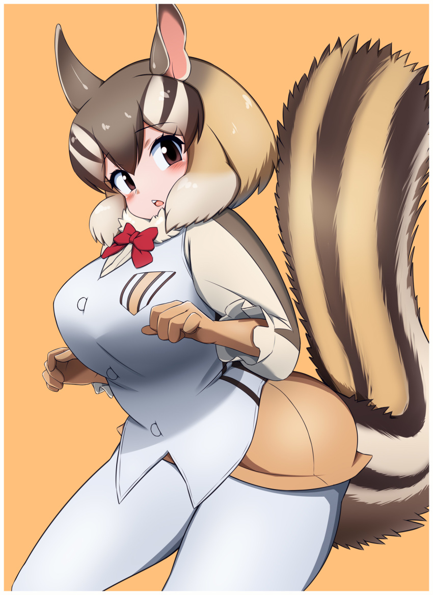 animal_ears, border, bow, bowtie, breast_pocket, brown_eyes, brown_hair, buttons