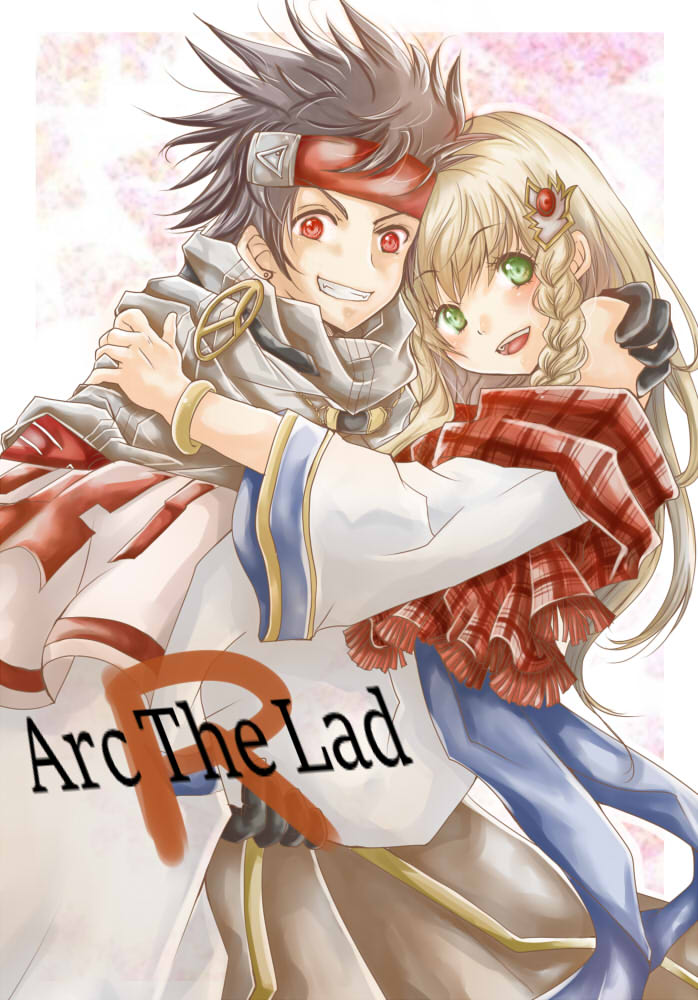 1boy, 1girl, arc_the_lad, arc_the_lad_ii, black_hair, blonde_hair, braid, dress