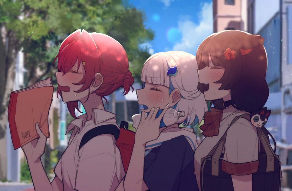 3girls, ange_katrina, animal_ears, bag, bangs, black_hair, blunt_bangs, blush