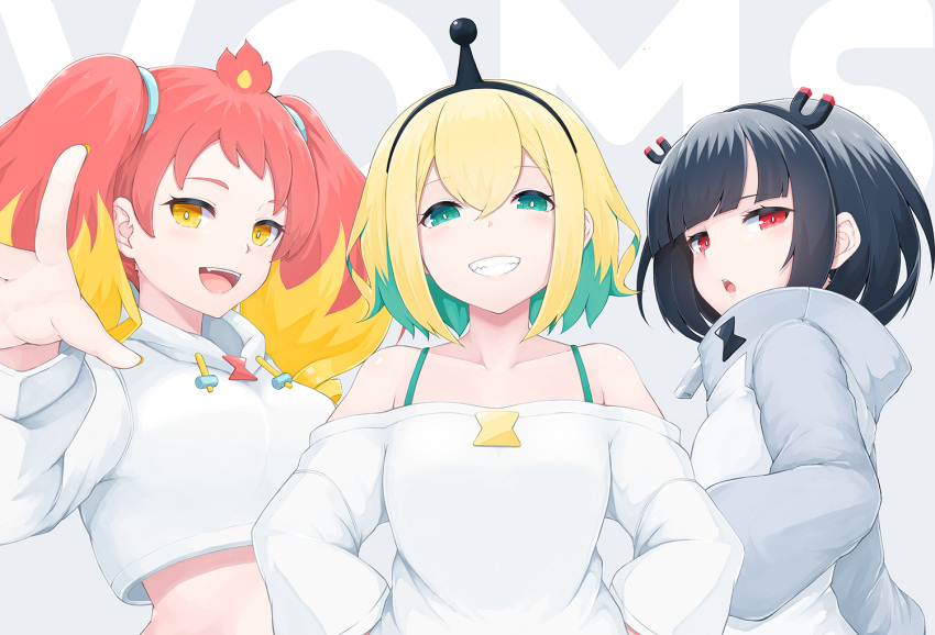 3girls, :d, amano_pikamee, background_text, bangs, bare_shoulders, black_hair, black_hairband
