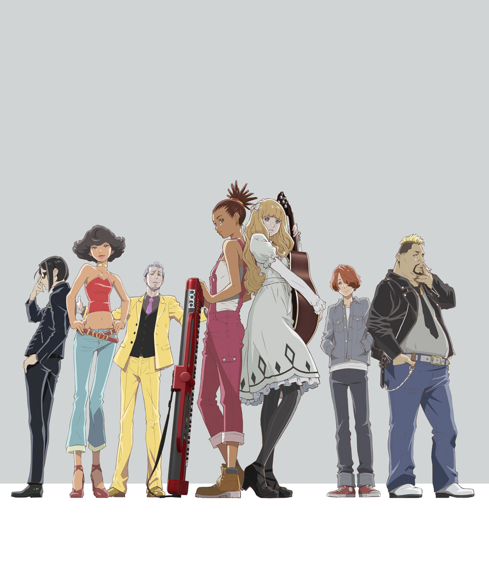 3girls, 4boys, acoustic_guitar, adjusting_eyewear, angela_carpenter, ankle_strap, back-to-back, bangs