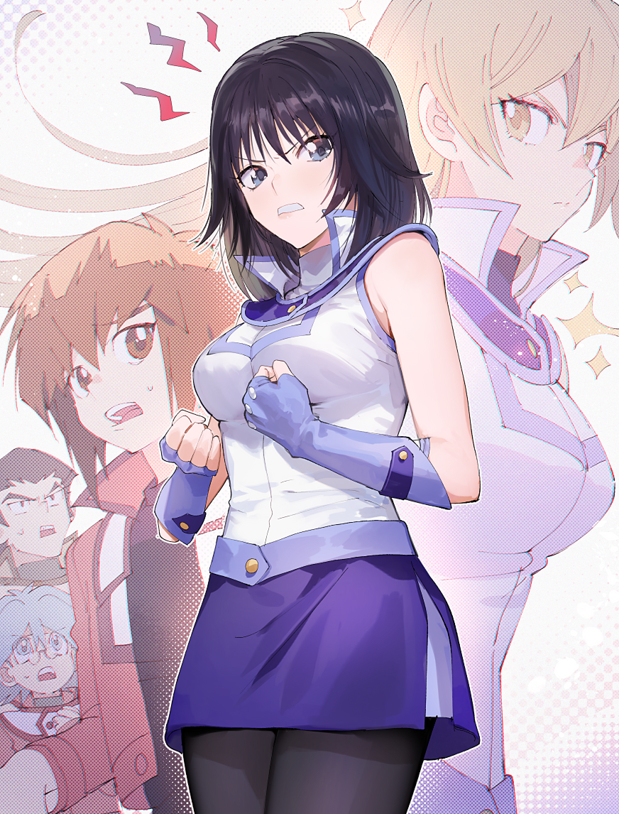 2girls, 3boys, aoki_(fumomo), bangs, black_hair, black_legwear, black_shirt, blonde_hair