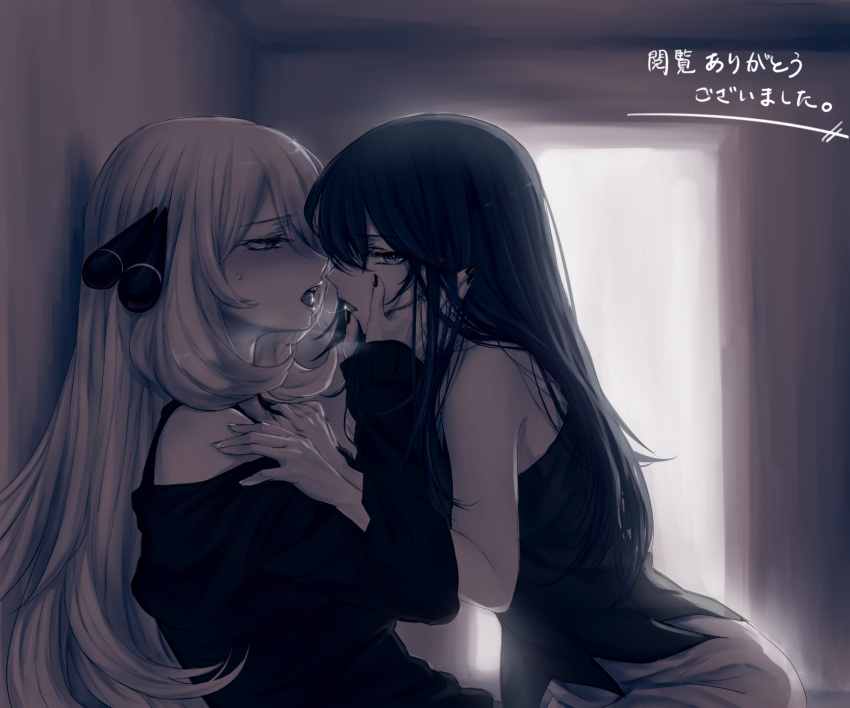 2girls, after_kiss, akihorisu, bangs, black_hair, black_nails, black_shirt, black_sweater