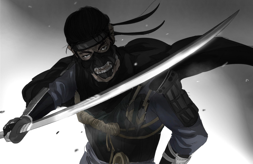 1boy, arm_at_side, armor, black_armor, black_cape, black_eyes, black_hair, black_headband