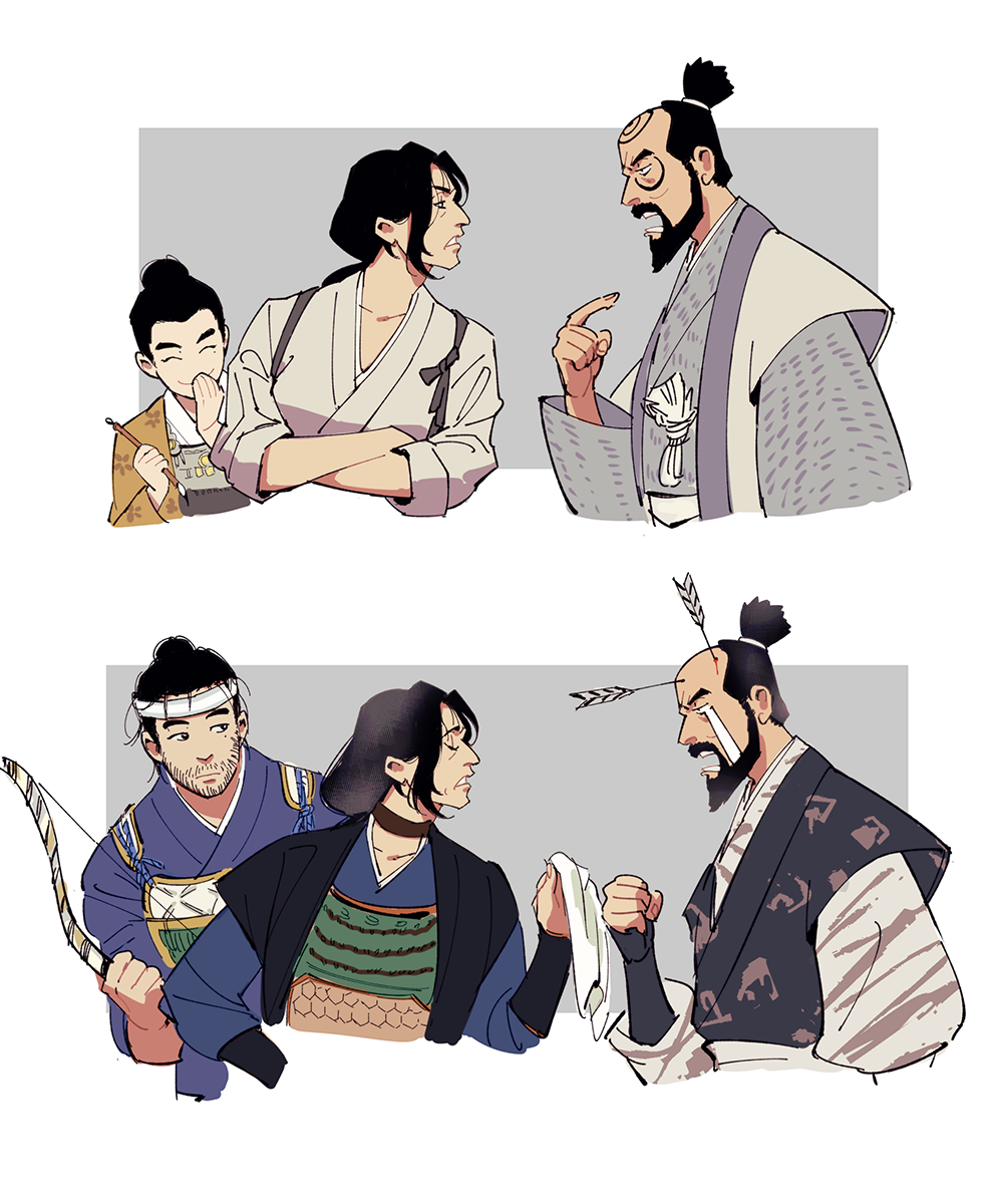 1girl, 2boys, ^_^, adachi_masako, age_comparison, armor, arrow_(projectile), arrow_in_head