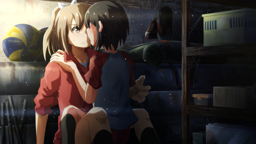 2girls, artist_name, ball, beachball, black_hair, black_legwear, blank_eyes, blush