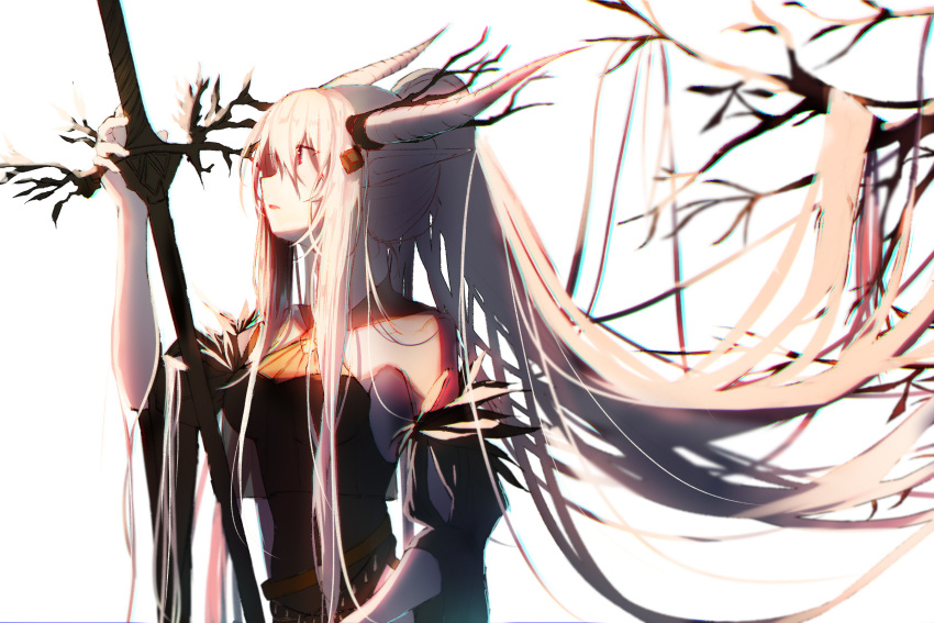 1girl, arknights, bare_shoulders, branch, demon_horns, highres, holding, holding_weapon