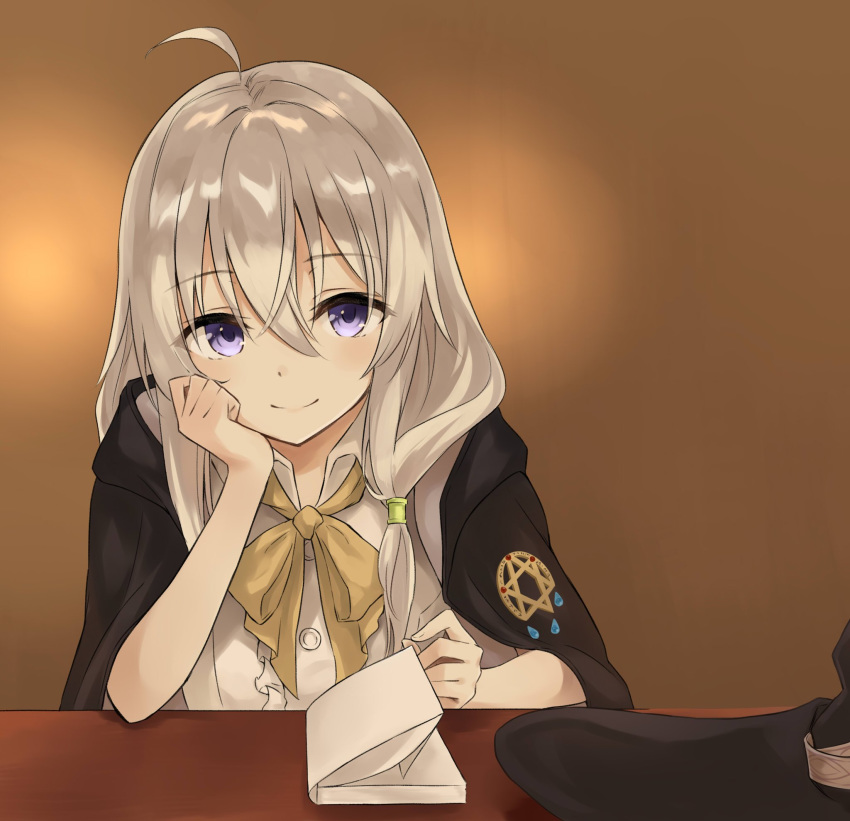 ahoge, blue_eyes, book, cloak, elaina_(majo_no_tabitabi), hair_ornament, hair_over_shoulder, hat