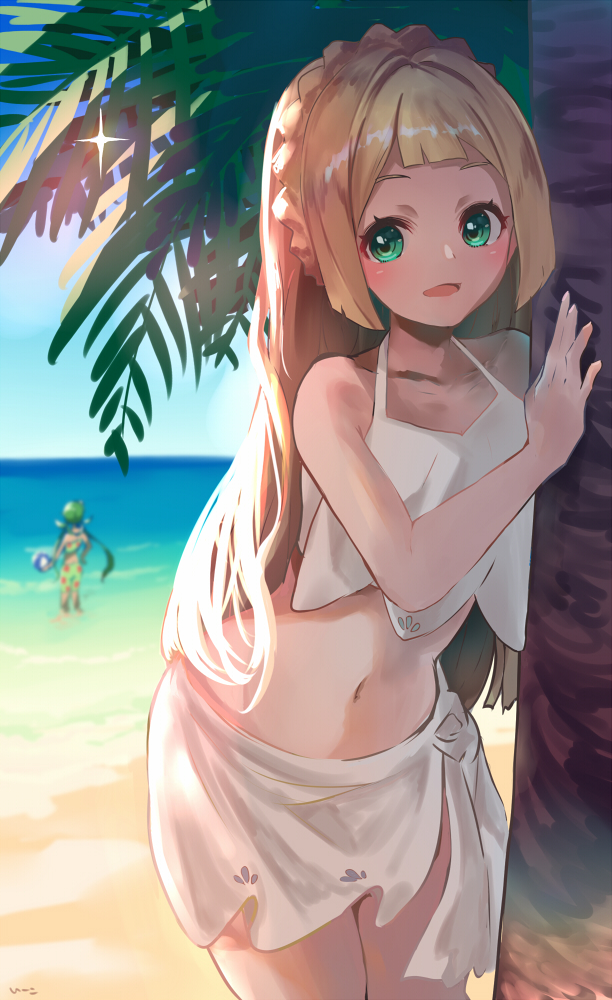 2girls, :d, bangs, bare_shoulders, beach, bikini, blonde_hair, blue_sky