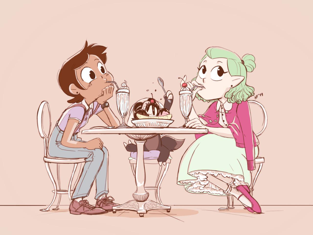 1boy, 2girls, alternate_costume, amity_blight, artist_request, blush, brown_hair, dip-dyed_hair
