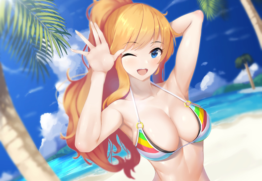 1girl, arm_behind_head, bangs, blonde_hair, blue_eyes, blush, breasts, commentary_request, eyebrows_visible_through_hair, handsa_up, highres, idolmaster, idolmaster_cinderella_girls, long_hair, looking_at_viewer, ma_azi, ootsuki_yui, open_mouth, smile, solo, upper_teeth