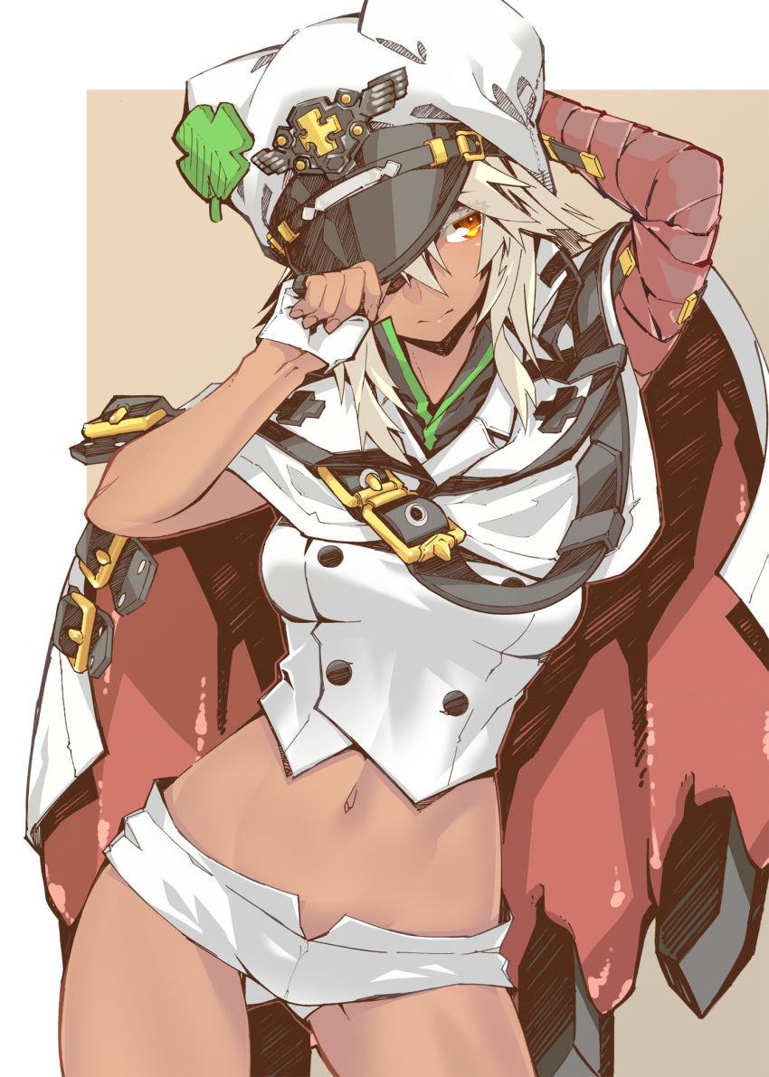 1girl, bandaged_arm, bandages, breasts, cape, dark_skin, fingerless_gloves, gloves, guilty_gear, guilty_gear_strive, hat, highres, long_hair, midriff, navel, nayutarou_(nyt_kag), ramlethal_valentine, short_shorts, shorts, solo, white_gloves, white_hair, yellow_eyes