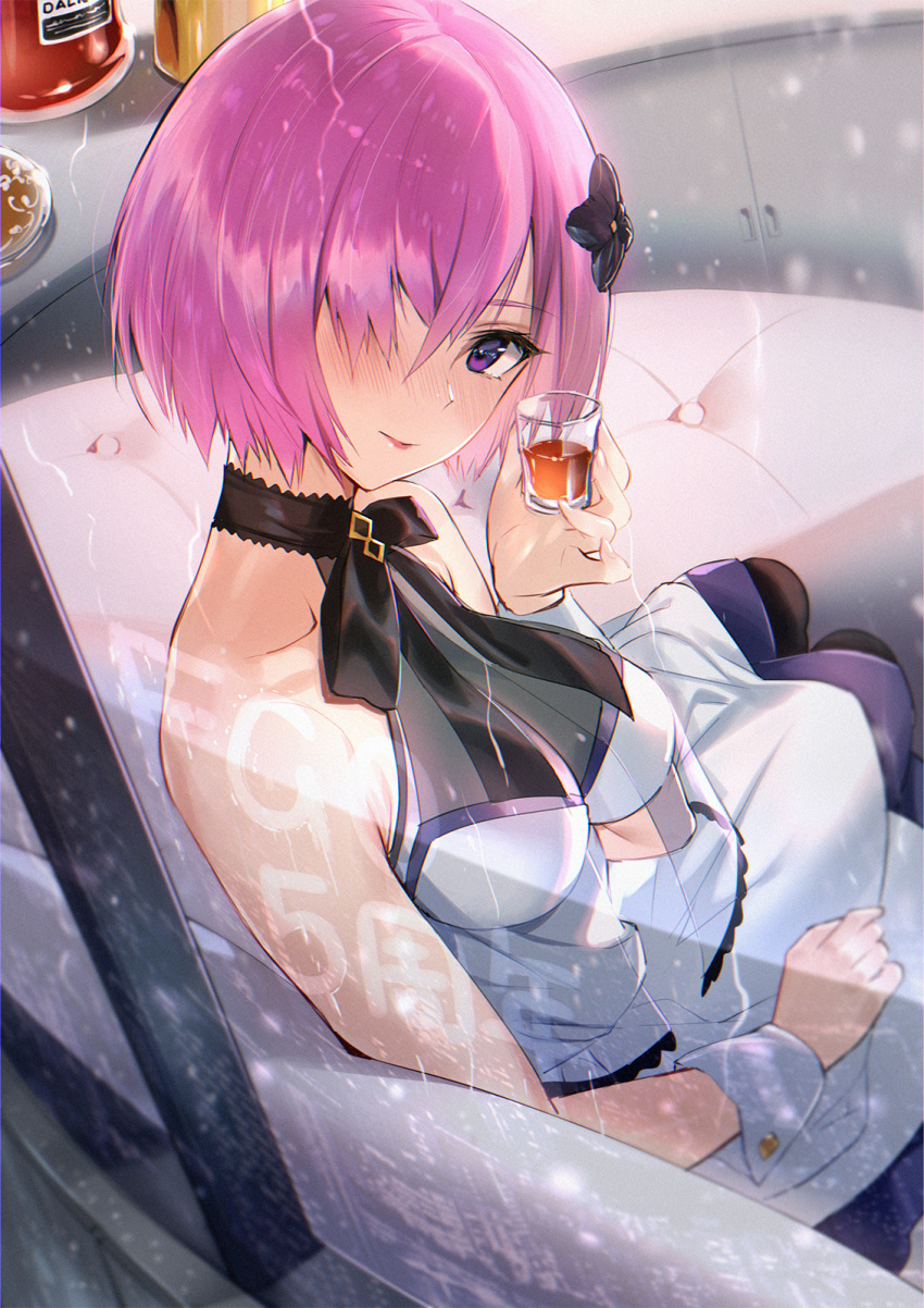 1girl, alcohol, bare_shoulders, black_ribbon, blush, breasts, collarbone, commentary