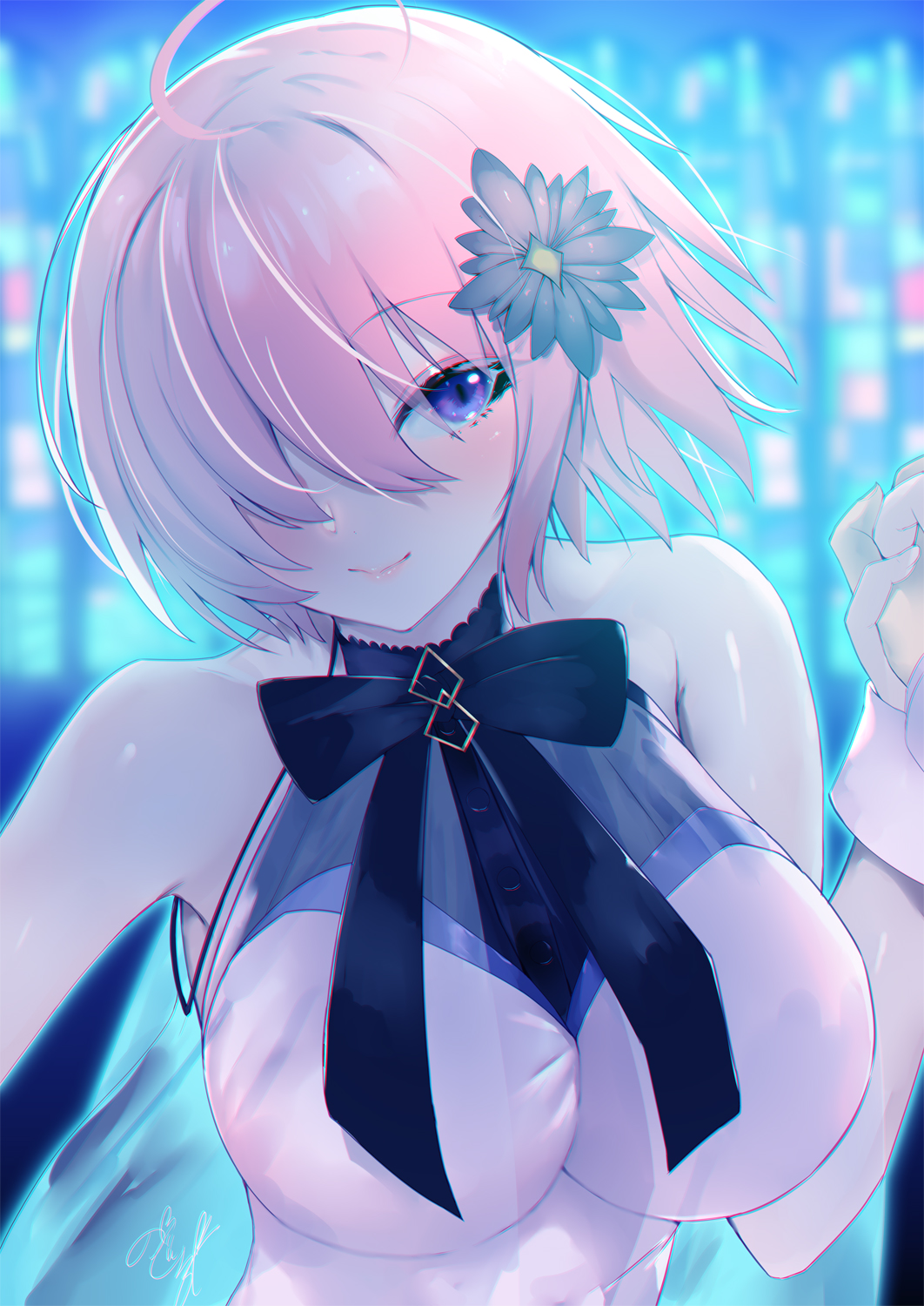 1girl, ahoge, bangs, bare_shoulders, black_bow, black_flower, blurry, blurry_background