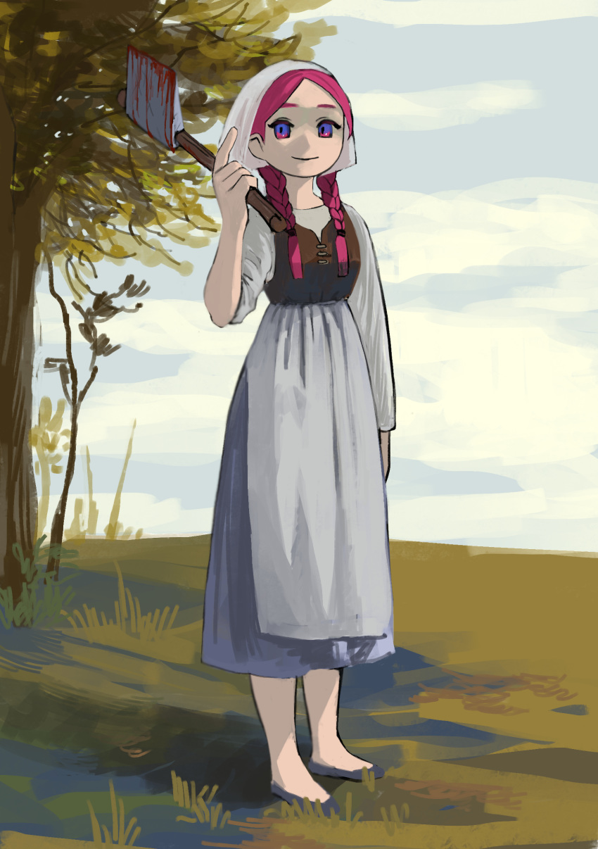 1girl, absurdres, apron, arm_at_side, arm_up, axe, bangs, blood