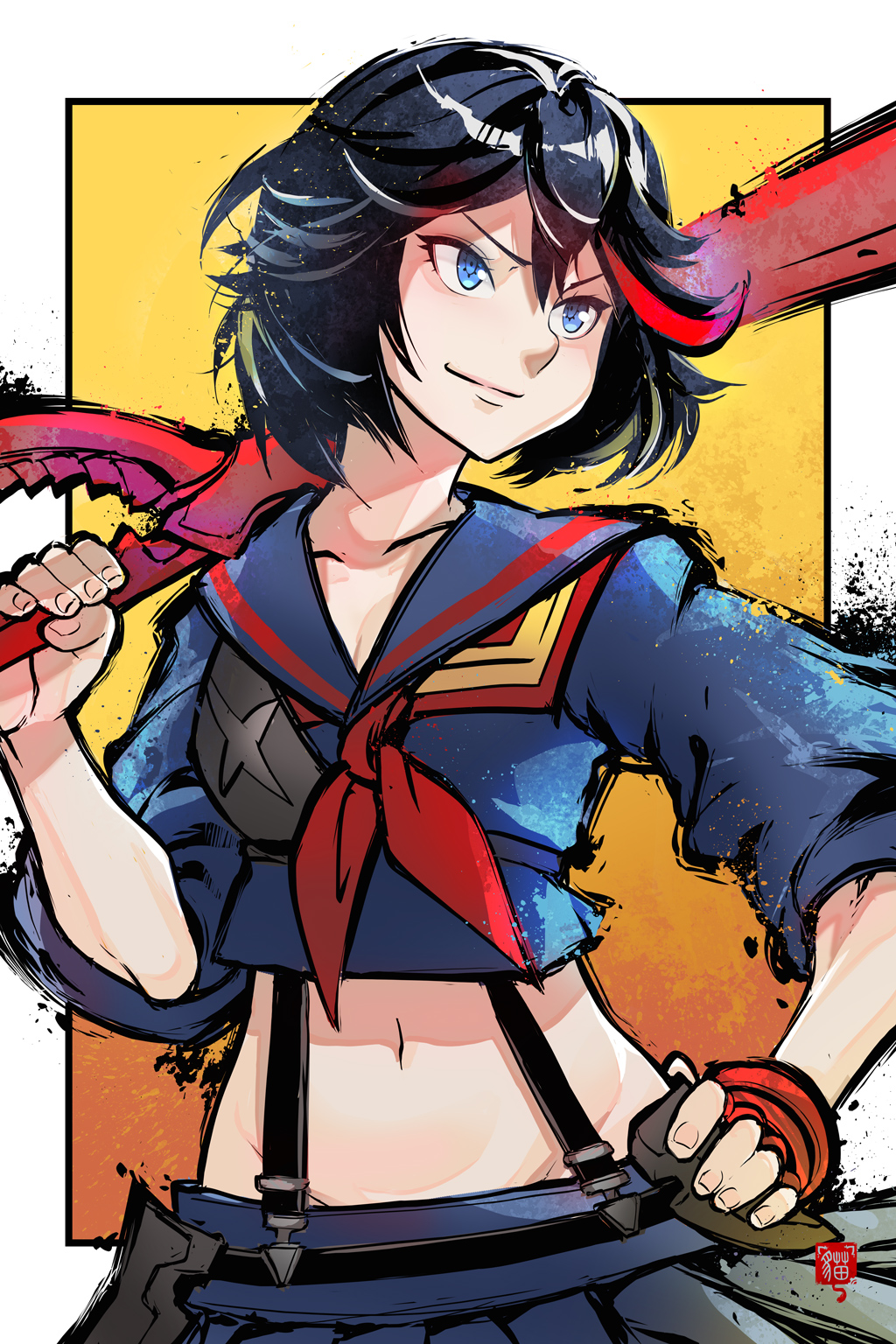 1girl, black_hair, blue_eyes, border, collarbone, fingerless_gloves, gloves, hair_between_eyes