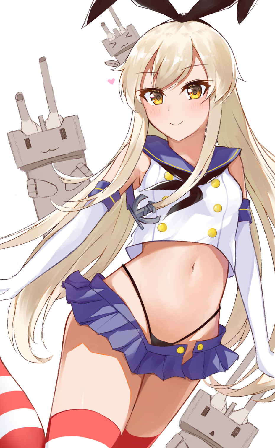 1girl, bare_shoulders, black_panties, blonde_hair, blue_skirt, crop_top, crop_top_overhang, elbow_gloves, gloves, hair_ribbon, highres, kantai_collection, long_hair, looking_at_viewer, meuneyu, microskirt, midriff, navel, neckerchief, panties, rensouhou-chan, ribbon, sailor_collar, shimakaze_(kantai_collection), shirt, skirt, sleeveless, sleeveless_shirt, smile, solo, stomach, string_panties, striped, striped_legwear, thigh-highs, thighs, underwear, very_long_hair, white_gloves, white_shirt, yellow_eyes, zettai_ryouiki