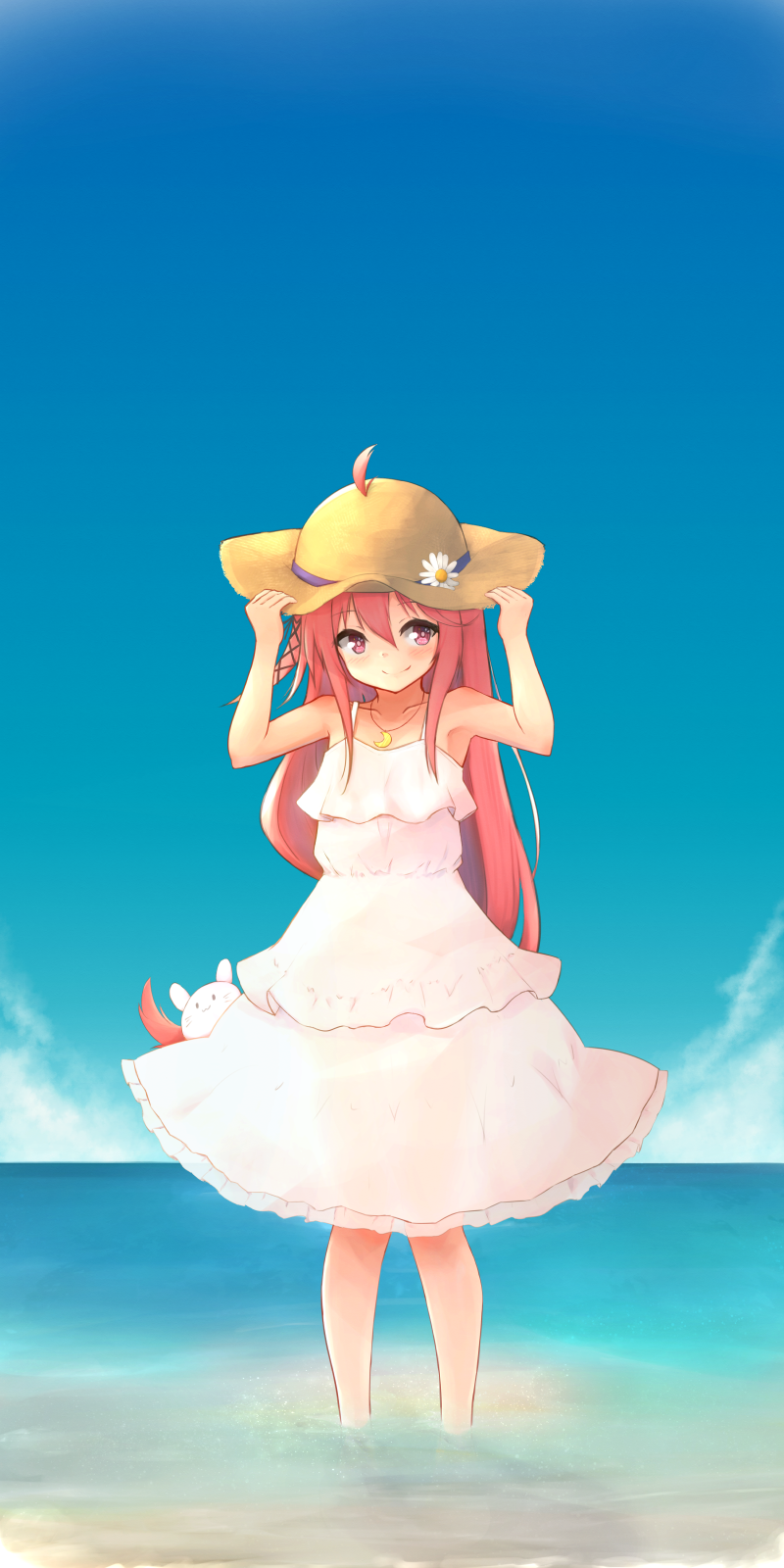 1girl, ahoge, blue_sky, blush, bunny_hair_ornament, centi_mnkt, closed_mouth, clouds