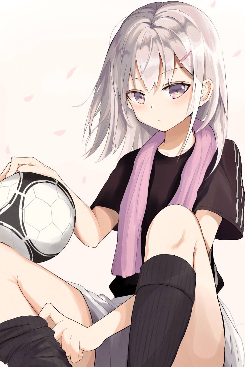1girl, 1ssakawaguchi, absurdres, ball, bangs, black_legwear, black_short, collarbone