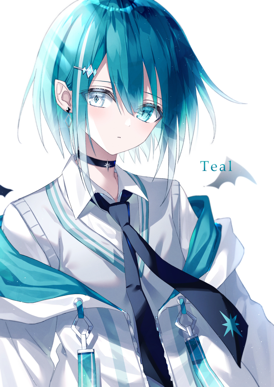 1boy, arms_at_sides, bangs, black_choker, black_neckwear, black_wings, blue_eyes, blue_jacket