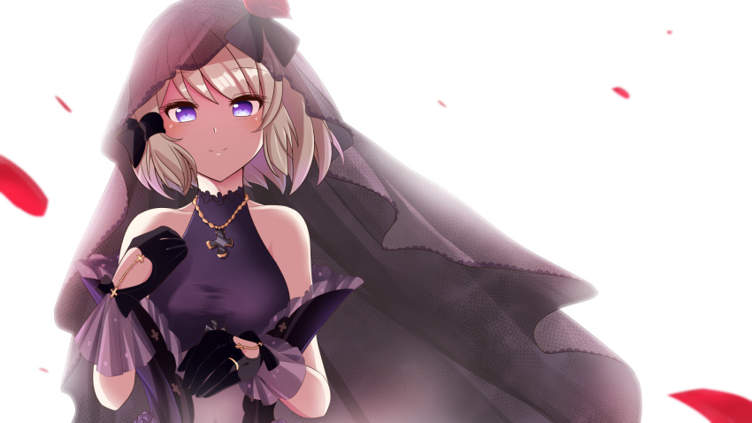 1girl, azur_lane, bare_shoulders, black_dress, black_gloves, blue_eyes, bow, bridal_veil, collarbone, commentary_request, detached_sleeves, dress, frilled_dress, frills, gloves, grey_hair, hair_bow, hair_ribbon, highres, iron_cross, jewelry, looking_at_viewer, mary_fate, necklace, petals, ribbon, ring, shade, short_hair, simple_background, smile, solo, turtleneck, turtleneck_dress, upper_body, veil, wedding_dress, wedding_ring, white_background, wind, z23_(azur_lane), z23_(schwarze_hochzeit)_(azur_lane)