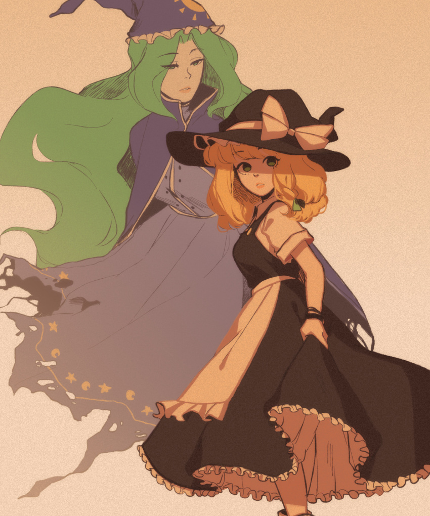 2girls, apron, black_dress, blonde_hair, bloomers, blue_capelet, blue_dress, bow