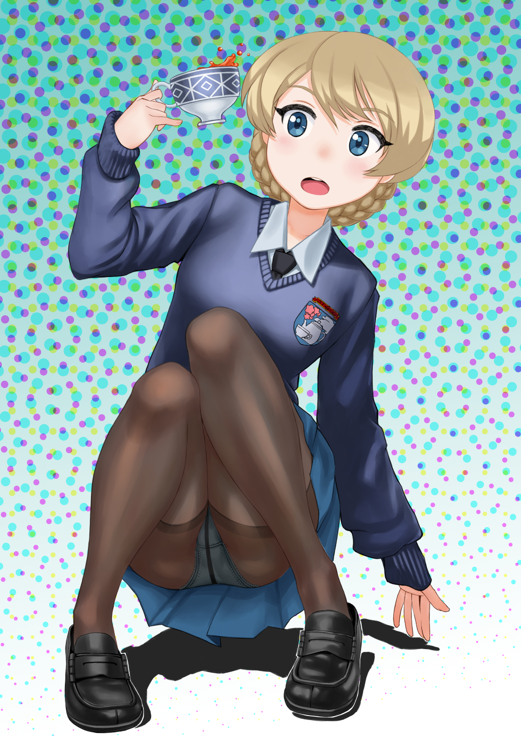 1girl, blonde_hair, braid, breasts, crotch_seam, cup, darjeeling_(girls_und_panzer), girls_und_panzer, green_eyes, highres, holding, holding_cup, open_mouth, panties, panties_under_pantyhose, pantyhose, pantyshot, rggr, school_uniform, skirt, solo, st._gloriana's_school_uniform, tea, teacup, thighband_pantyhose, underwear, upskirt