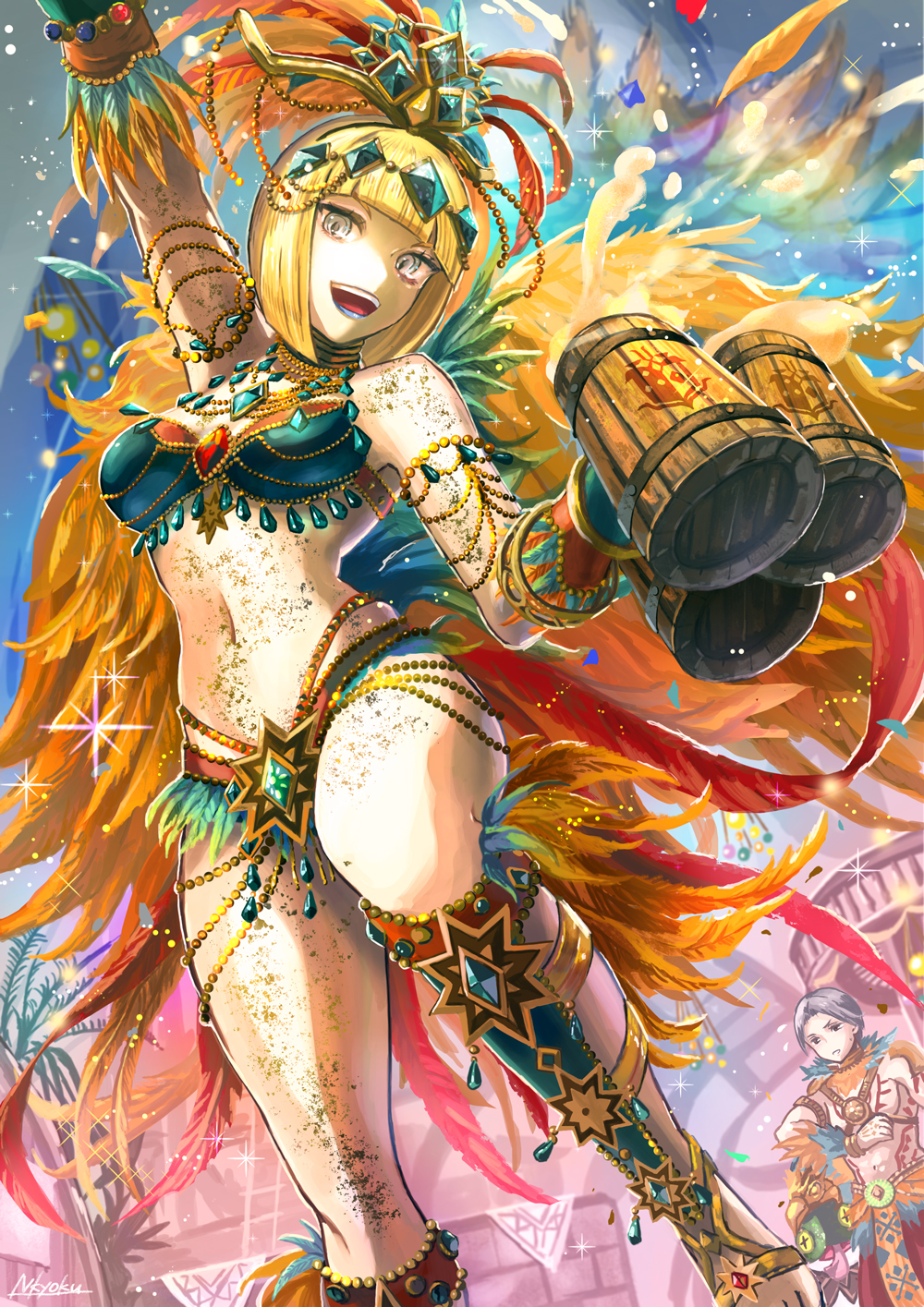 1boy, 1girl, blonde_hair, confetti, feathers, felyne, glitter, hair_ornament, headdress, highres, kneehighs, looking_at_viewer, mask, monster_hunter, monster_hunter:_world, navel, nkyoku, open_mouth, passionate_(armor), short_hair, smile, stomach