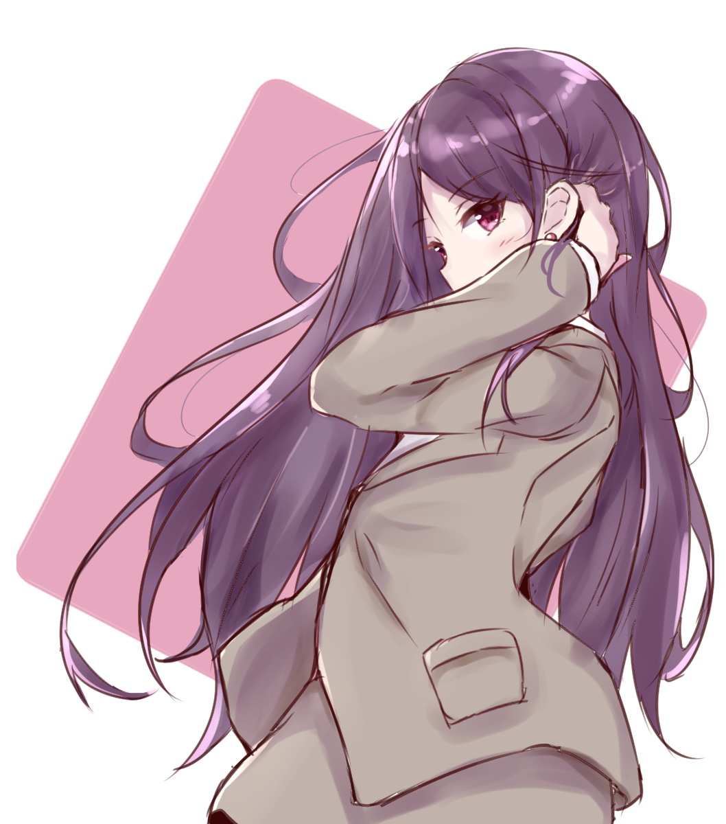 1girl, brown_eyes, brown_jacket, brown_skirt, commentary_request, earrings, eyebrows_visible_through_hair, gundou_mirei