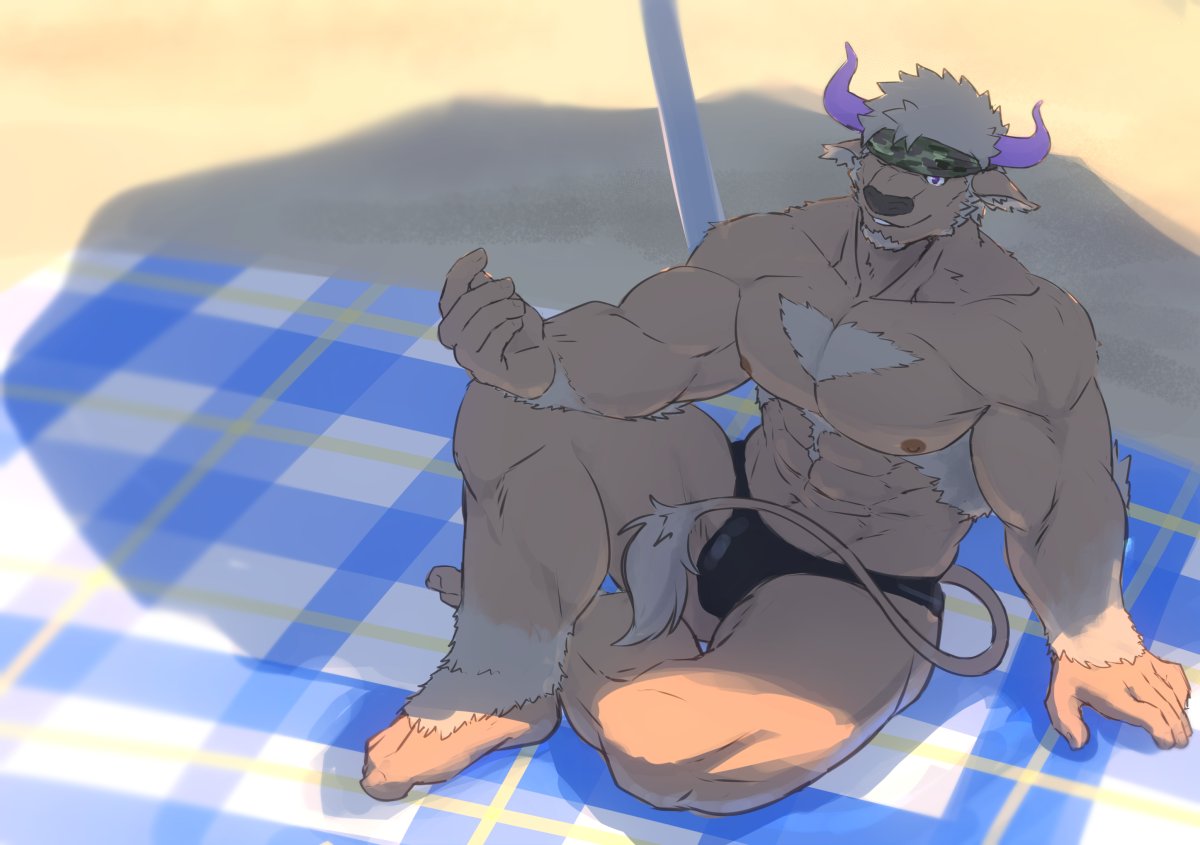 1boy, abs, bara, beard, bulge, chest, chest_hair, facial_hair