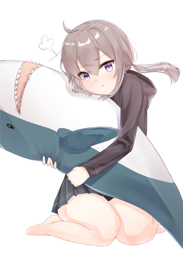 1girl, blush, elanore, girls_frontline, grey_hair, ikea_shark, m200_(girls_frontline), object_hug