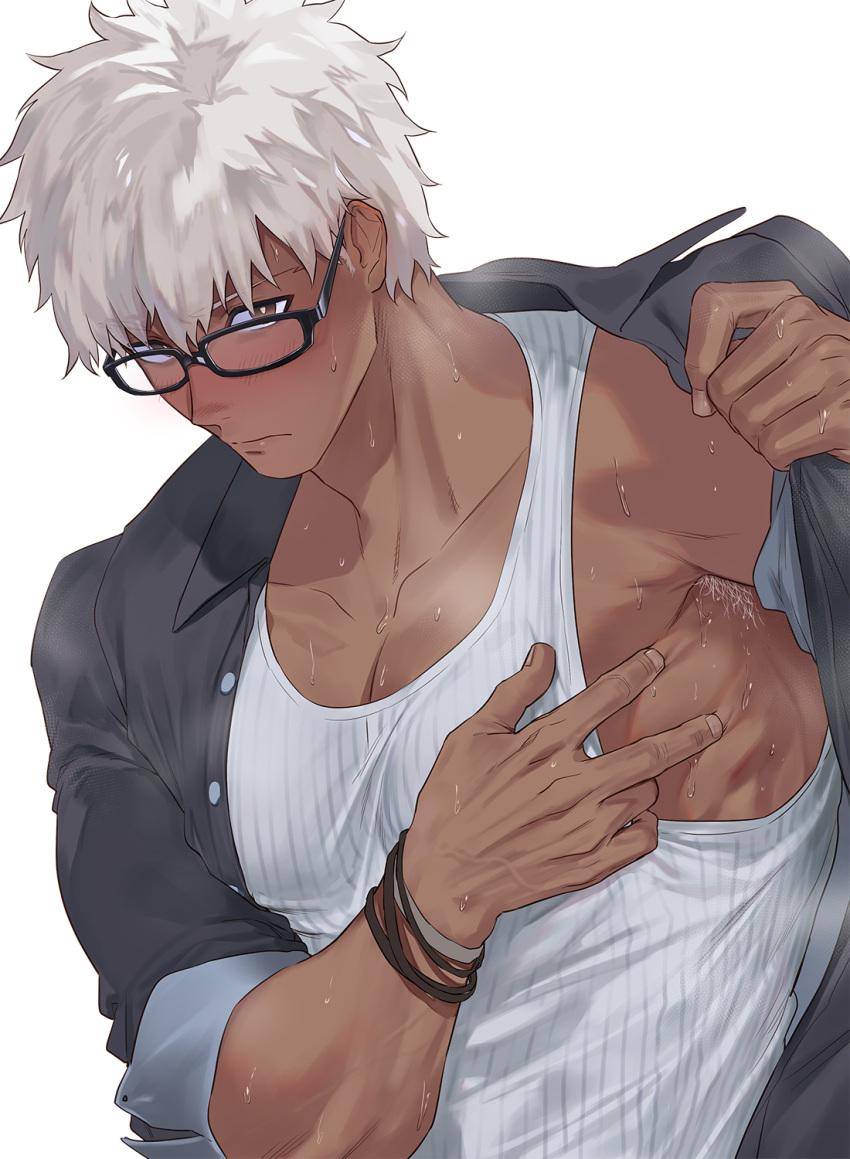 1boy, alternate_costume, alternate_hairstyle, archer, armpit_hair, bara, blush, bracelet, brown_eyes, chest, dark_skin, dark_skinned_male, fate/stay_night, fate_(series), glasses, haiki_(tegusu), highres, jewelry, male_focus, muscle, sleeves_rolled_up, solo, sweat, tank_top, undressing, white_hair