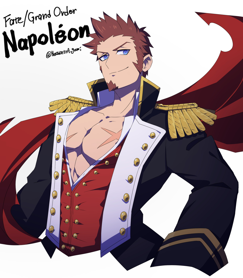 1boy, abs, beard, blue_eyes, brown_hair, chest, collar, cropped_torso