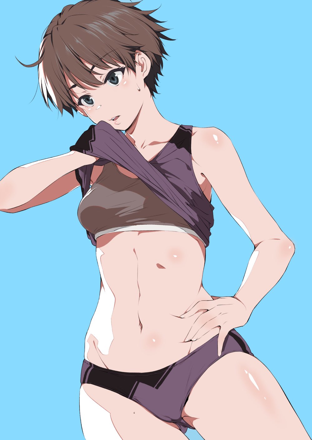 1girl, abs, black_hair, blue_background, breasts, buruma, collarbone, cowboy_shot