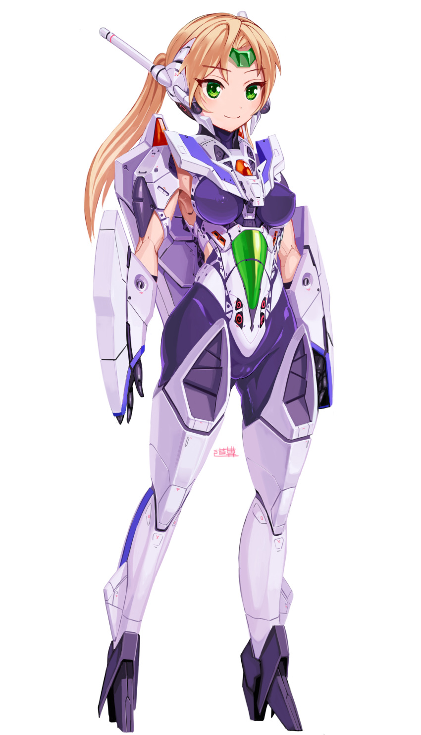 1girl, absurdres, blonde_hair, breasts, covered_nipples, green_eyes, highres, macross, macross_2, mecha_musume, medium_breasts, michi_kuso, personification, smile, solo, standing, tied_hair, vf-2ss