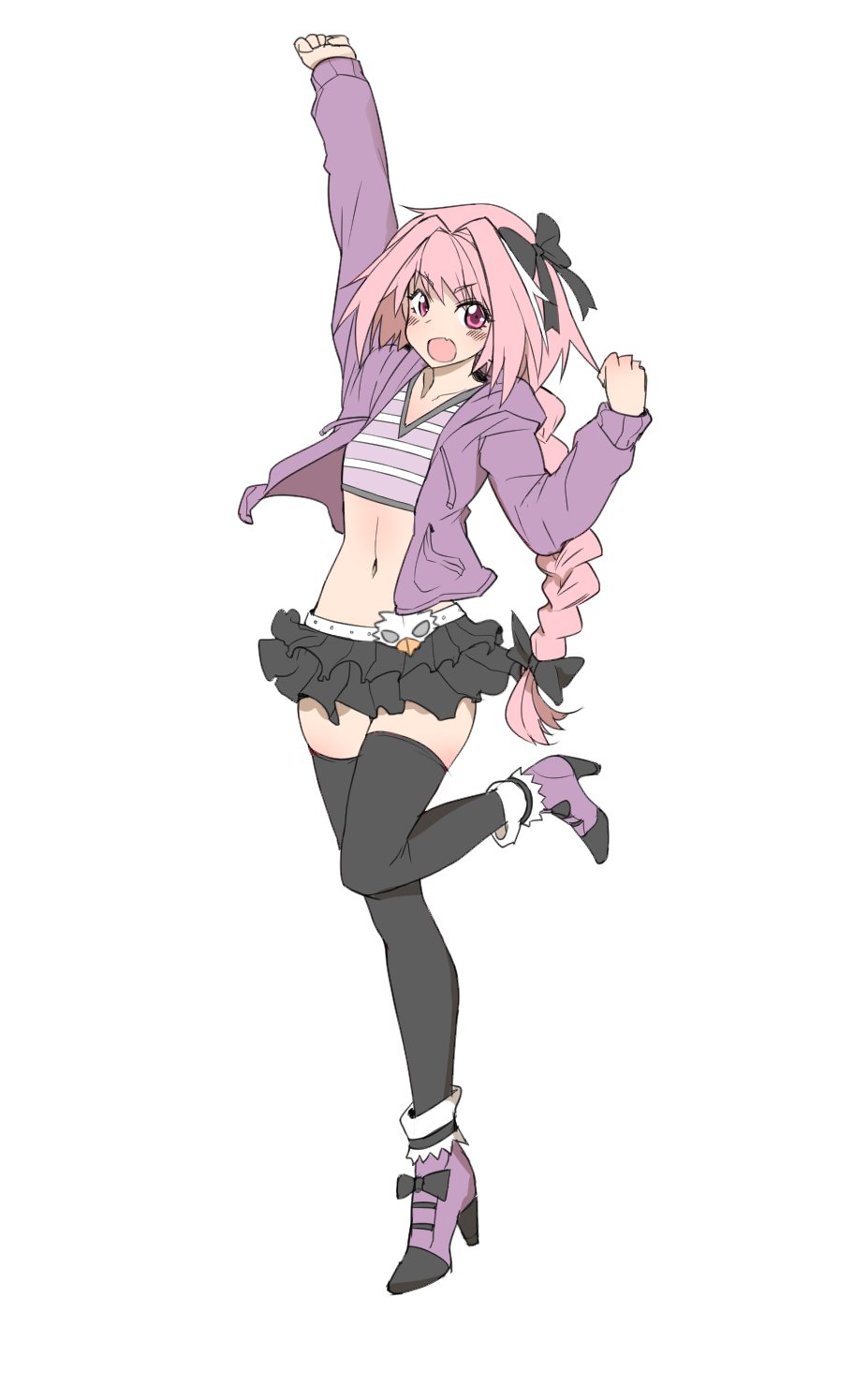 1boy, arm_up, astolfo_(fate), black_bow, black_legwear, black_skirt, bow, braid