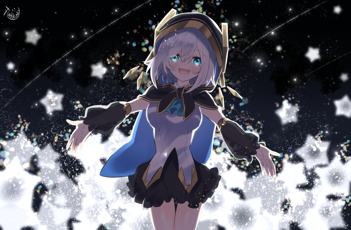 1girl, :d, ars_almal, bangs, black_cape, black_skirt, black_sleeves, blue_cape