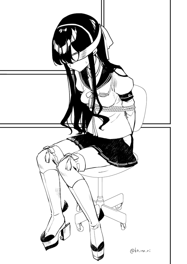 1girl, blindfold, bound, chair, deck_chair, greyscale, hairband, hip_vent