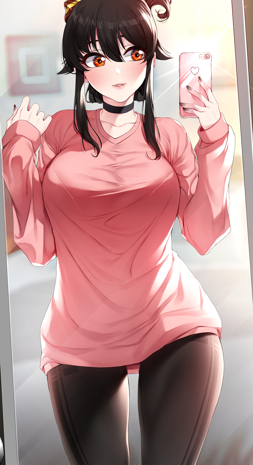 1girl, akchu, bangs, black_choker, black_hair, black_legwear, black_nails, blurry, blurry_background, blush, breasts, brown_eyes, chobi_(akchu), choker, collarbone, commentary_request, hair_between_eyes, hair_ribbon, hand_up, highres, large_breasts, looking_at_phone, looking_to_the_side, mirror, nail_polish, original, pants, parted_lips, phone, picture_frame, pink_sweater, ribbon, self_shot, sidelocks, standing, sweater, yoga_pants
