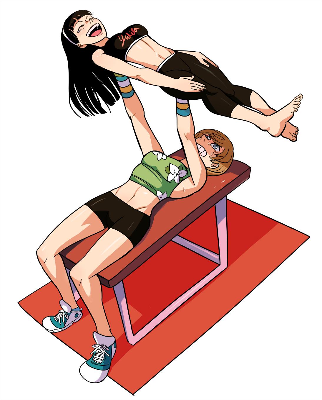 2girls, amagi_yukiko, barefoot, bench_press, bike_shorts, black_hair, brown_hair, character_name