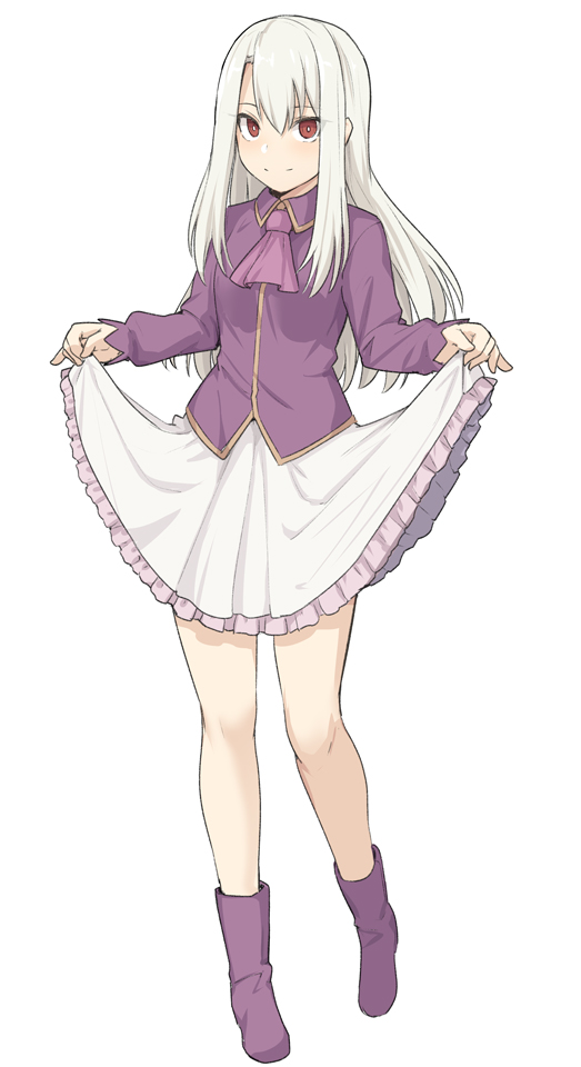 1girl, ascot, bangs, bare_legs, blonde_hair, blush, boots, fate/stay_night
